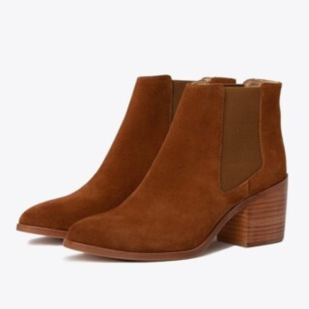 Nisolo Ana Go-To Heeled Chelsea Boot in nutmeg cognac suede